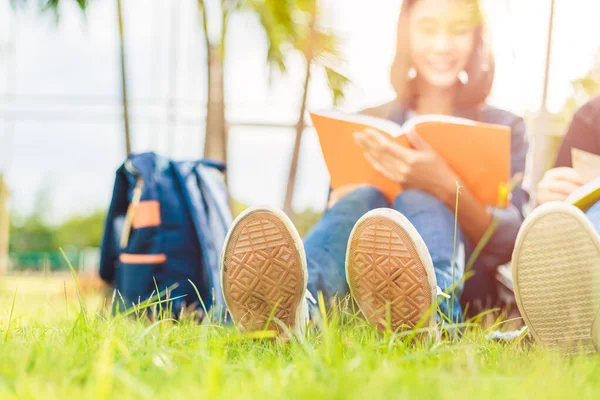 Студенти Університету Сидять Читають Траві — стокове фото