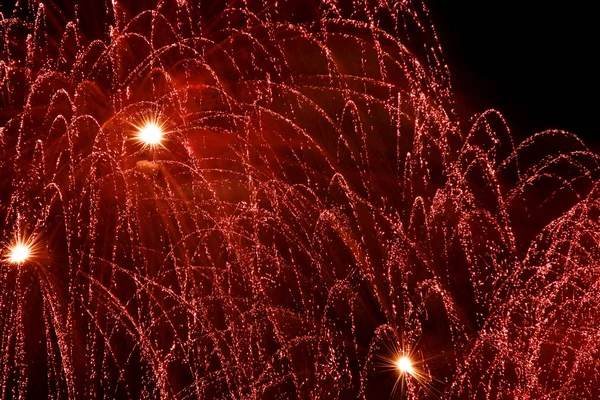 Celebration beautiful red fireworks. Holidays salute of various colors on night sky. — Stock Photo, Image
