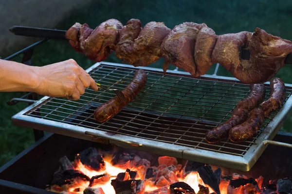 Barbecue Beef Inserted Sword Some Sausages Charcoal Grill — Stock Photo, Image