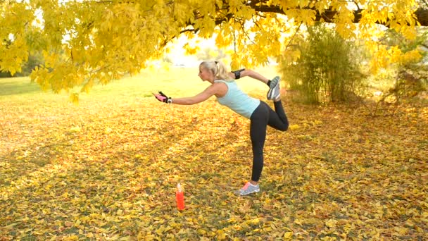有吸引力的妇女伸展她的腿在地面上覆盖着树叶在公共公园 健康的生活方式概念 — 图库视频影像
