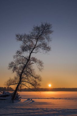 Donmuş bir gölde gün batımı. Kış manzarası.