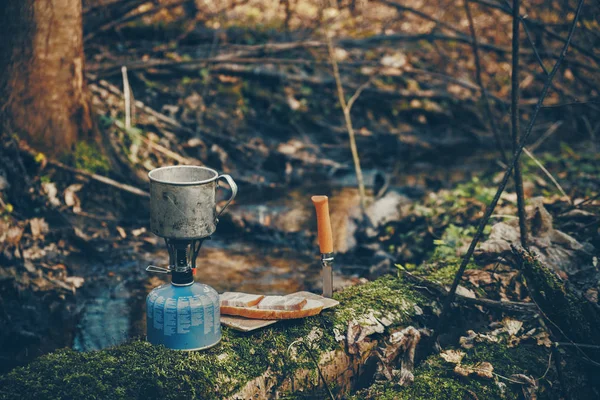 Coffee is prepared on a gas burner stream. — 스톡 사진