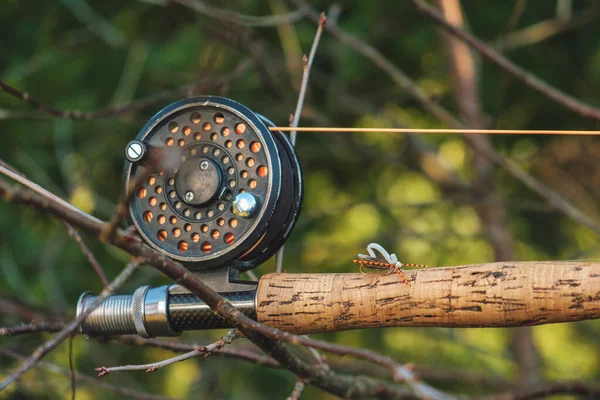 Canna da pesca a mosca e mulinello . — Foto Stock