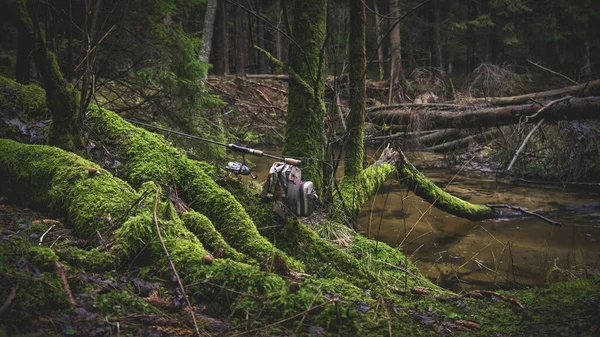 Fishing gear on the background of a picturesque forest stream. — Stock Photo, Image