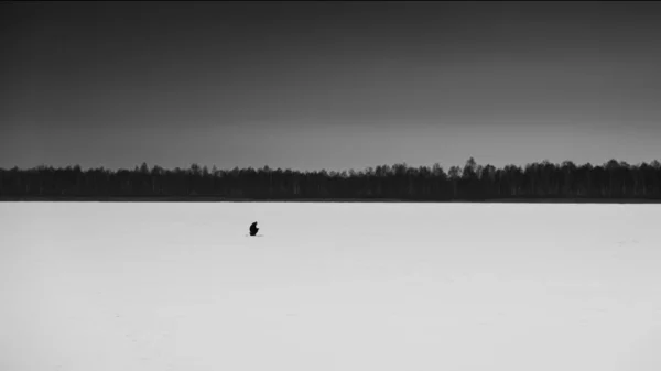 Een eenzame visser op een bevroren wintermeer. Wintervisserij. — Stockfoto