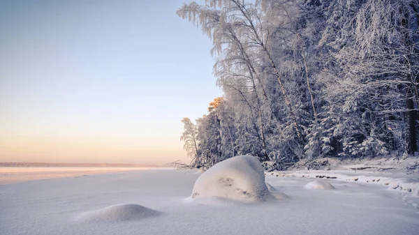 Kameny jsou pokryty sněhem na břehu zimního lesního jezera. — Stock fotografie