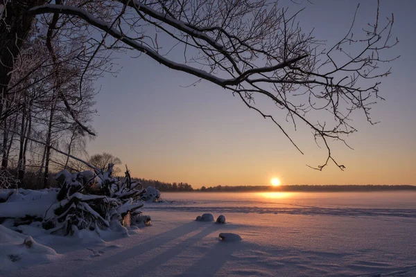 Coucher de soleil sur un lac de forêt gelée . — Photo