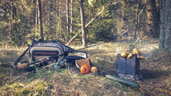 森の中の釣り旅行でピクニック. — ストック写真