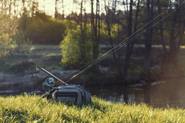 Fishing tackle on the background of the river