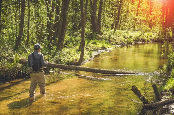 Pêche avec tenkara sur un petit ruisseau. Pêche au mouche . — Photo