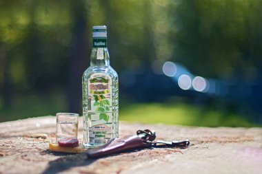 Minsk bölgesi, Belarus - 25 Eylül 2010: Bir şişe Belarus votkası 