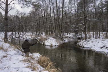 Kış nehrinde oltalı bir balıkçı. Tenkara balıkçılık.