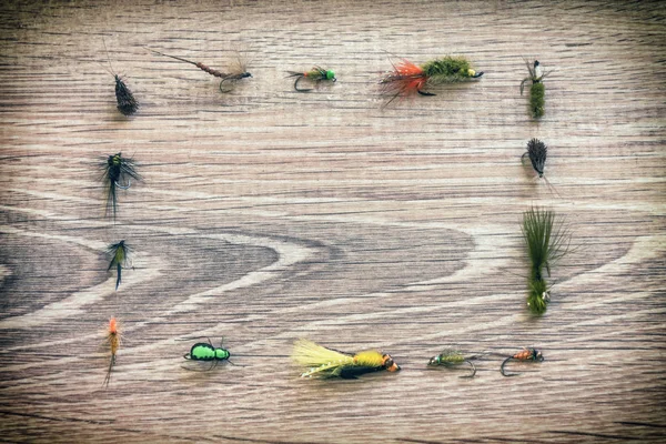 Fliegenfischen fliegt auf einem Holz Hintergrund — Stockfoto