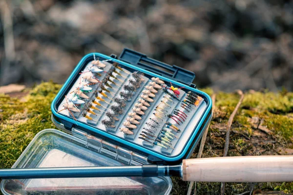 Caja Con Moscas Pesca Con Mosca — Foto de Stock