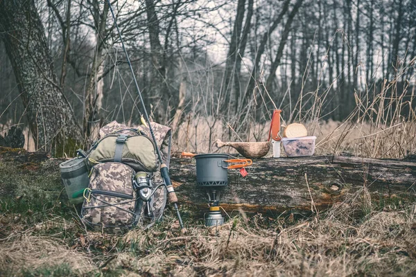 Cenar Aire Libre Durante Senderismo Pesca — Foto de Stock