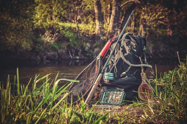 Haste Pesca Mochila Artes Pesca Margem Rio Tenkara — Fotografia de Stock