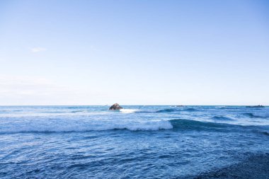 Pasifik Okyanusu, Kamçatka Yarımadası, Rusya 'da volkanik kumdan oluşan vahşi bir sahil..