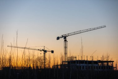 Endüstriyel vinç ve bina siluetleri gün batımında ya da şafakta bir inşaat sahasında.
