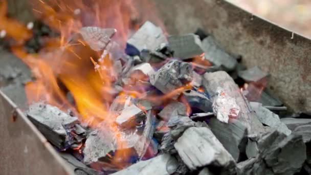 Barbekü ızgarasında yanan kömürlerin yakın çekim. Kömür yanmaya başladı. Sıcak kömür ve duman ile alev — Stok video