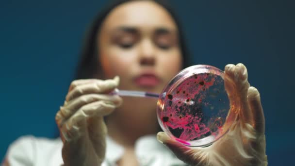 Портрет женщины-ученого с пипеткой анализирует жидкость для извлечения ДНК и молекул в пробирках в лаборатории. Концепция: исследования, биохимия, фармацевтическая медицина — стоковое видео