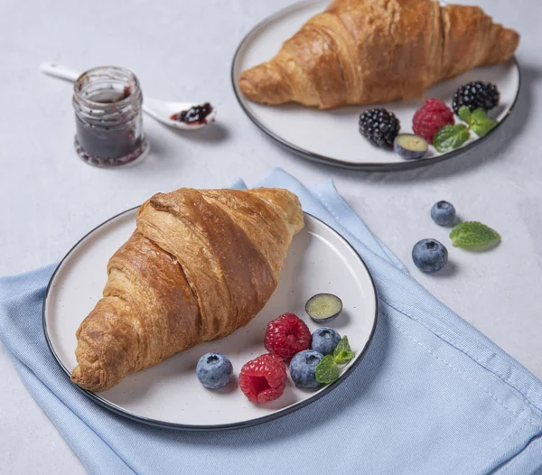 Two fresh  croissant on a white plate  with jam, blueberries and raspberry — 스톡 사진
