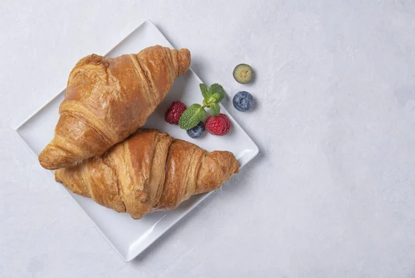Two Fresh  croissants on a white square plate with berries — 스톡 사진