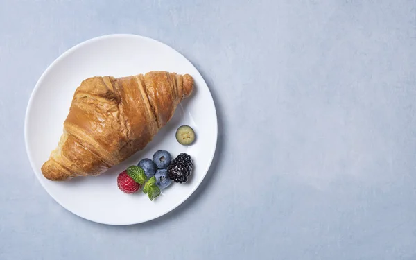 Fresh  croissant on a white plate with berries  on a blue background — 스톡 사진