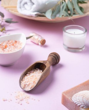 Pembe Himalaya tuzu, sabunu ve okaliptüs dallı doğal organik kozmetik ürünler. Aromaterapi ve Spa tedavileri
