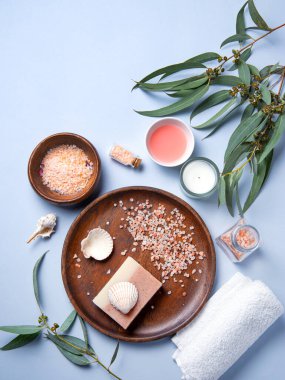 Mavi arka planda pembe Himalaya tuzu, sabunu ve okaliptüs dallı doğal organik kozmetik ürünler. Aromaterapi ve kaplıca tedavisi. Üst görünüm, düz görünüm ve boşluk kopyala