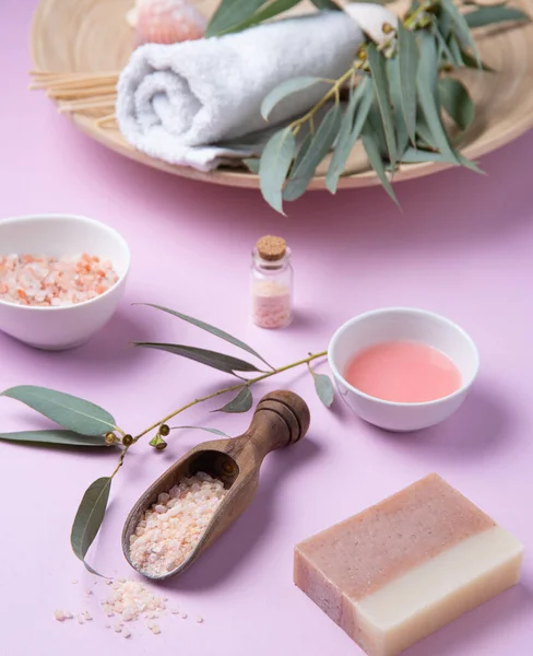 Cosméticos Orgánicos Naturales Con Sal Rosa Del Himalaya Jabón Rama — Foto de Stock