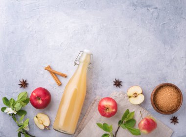 Taze ev yapımı Apple içeceği ve mavi arka planda baharatlar. Üst görünüm, düz görünüm ve boşluk kopyala