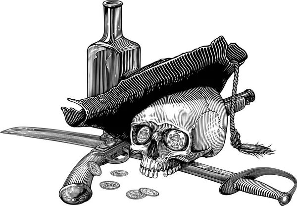 Black White Vector Illustration Skull Ancient Pirate Hat Sabre Pistol — Stock Vector