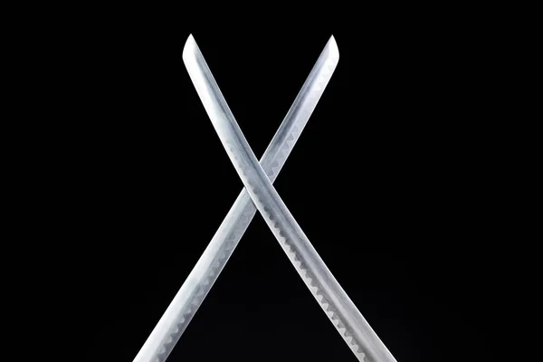 Crossed Blades Two Katanas Black Background — Stock Photo, Image