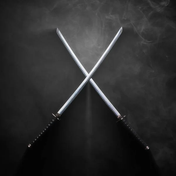 Dark Image Two Katanas Crossed Blades Dramatic Smoke Stock Photo