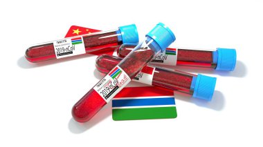 Gambiya Cumhuriyeti ulusal bayrağı 3D wuhan 2019-ncov virüs biyolojik test tüpü. 3B illüstrasyon