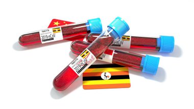 Uganda Cumhuriyeti ulusal bayrağı 3D wuhan 2019-ncov virüs biyolojik test tüpü. 3B illüstrasyon