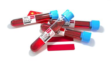 Letonya Cumhuriyeti ulusal bayrağı 3D wuhan 2019-ncov virüs biyolojik test tüpü. 3B illüstrasyon