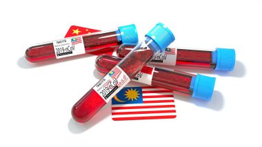 Malezya bayrağı 3D wuhan 2019-ncov virüs biyolojik test tüpü. 3B illüstrasyon