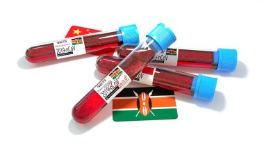 Kenya Cumhuriyeti bayrağı 3D wuhan 2019-ncov virüs biyolojik test tüpü. 3B illüstrasyon