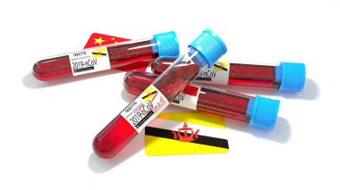 Brunei Ulusu Barış İçin Sığınma Ulusal Bayrağı 3D wuhan 2019-ncov virüs biyolojik test tüpü. 3B illüstrasyon