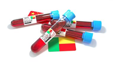 Benin Cumhuriyeti bayrağı 3D wuhan 2019-ncov virüs biyolojik test tüpü. 3B illüstrasyon