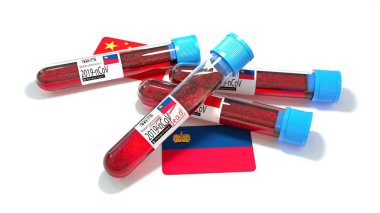 Liechtenstein Ulusal Bayrağı 3D wuhan 2019-ncov virüs biyoloji test tüpü. 3B illüstrasyon