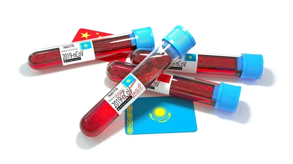 Republik Kasachstan Nationalflagge Wuhan 2019 Ncov Virus Bio Reagenzglas Illustration — Stockfoto