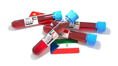 Ekvator Gine Cumhuriyeti ulusal bayrağı 3D wuhan 2019-ncov virüs biyoloji test tüpü. 3B illüstrasyon