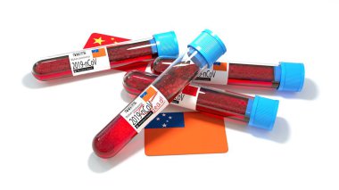 Bağımsız Samoa Eyaleti ulusal bayrağı 3D wuhan 2019-ncov virüs biyolojik test tüpü. 3B illüstrasyon