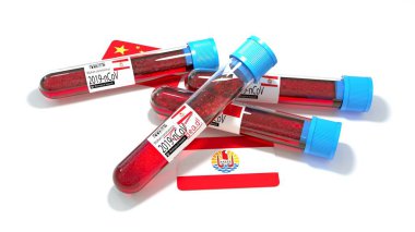 Fransız Polinezyası ulusal bayrağı 3D wuhan 2019-ncov virüs biyolojik test tüpü. 3B illüstrasyon