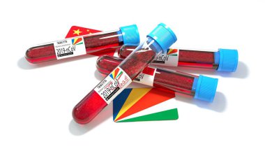 Seyşeller Cumhuriyeti ulusal bayrağı 3D wuhan 2019-ncov virüs biyolojik test tüpü. 3B illüstrasyon
