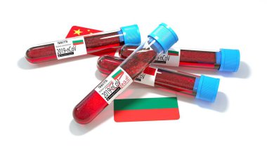 Bulgaristan Cumhuriyeti ulusal bayrağı 3D wuhan 2019-ncov virüs biyolojik test tüpü. 3B illüstrasyon