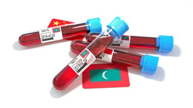 Maldivler Cumhuriyeti ulusal bayrağı 3D wuhan 2019-ncov virüs biyolojik test tüpü. 3B illüstrasyon
