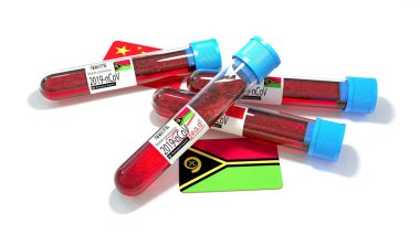Vanuatu Cumhuriyeti ulusal bayrağı 3D wuhan 2019-ncov virüs biyolojik test tüpü. 3B illüstrasyon